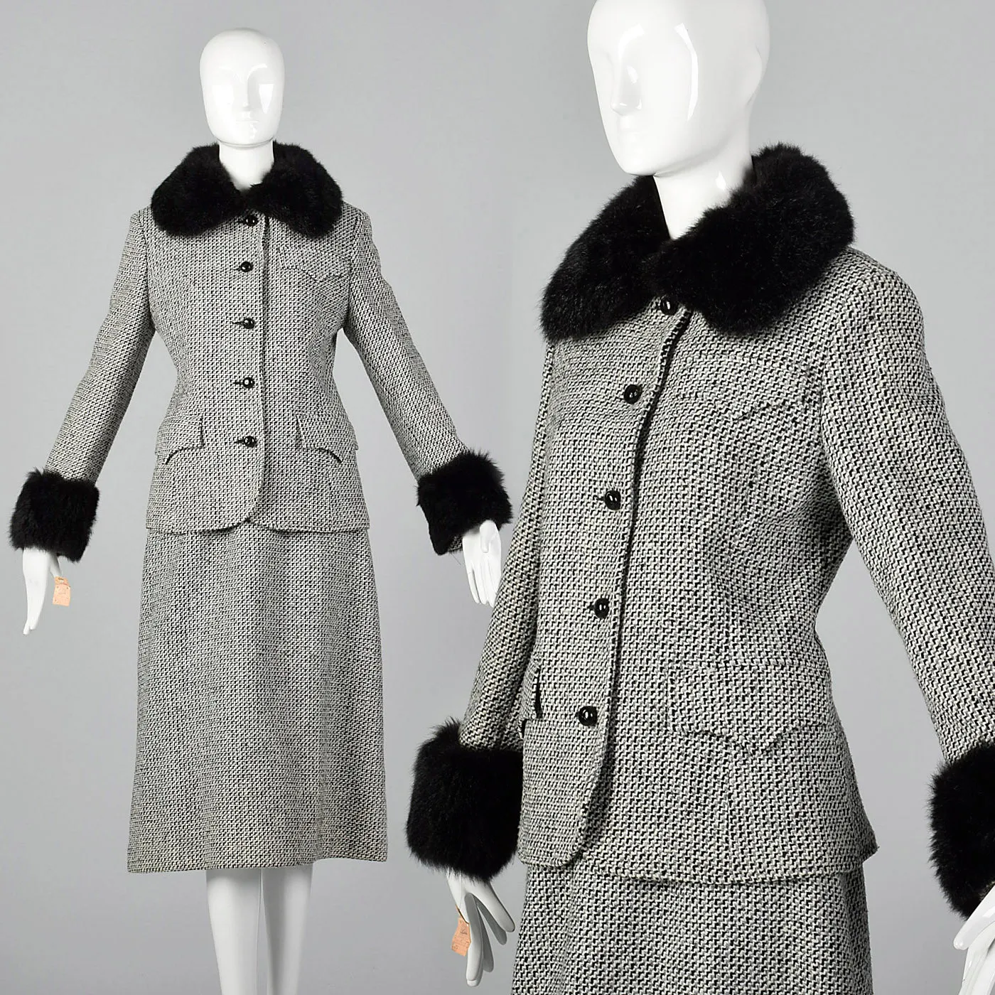 1970s Tweed Skirt Suit with Fur Trim