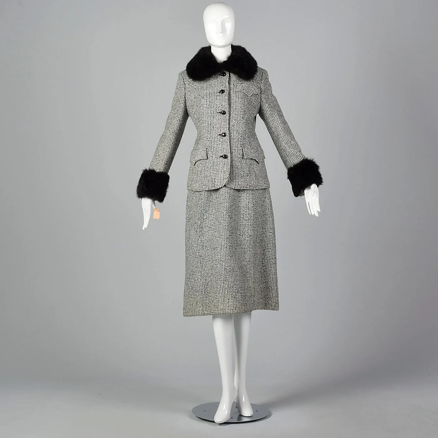 1970s Tweed Skirt Suit with Fur Trim