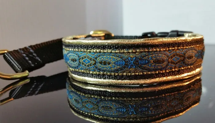 3/4 Inch Hidden Prong Collar Blue Konta on Black Web with Gold Leather and Brass Hardware (Copy)