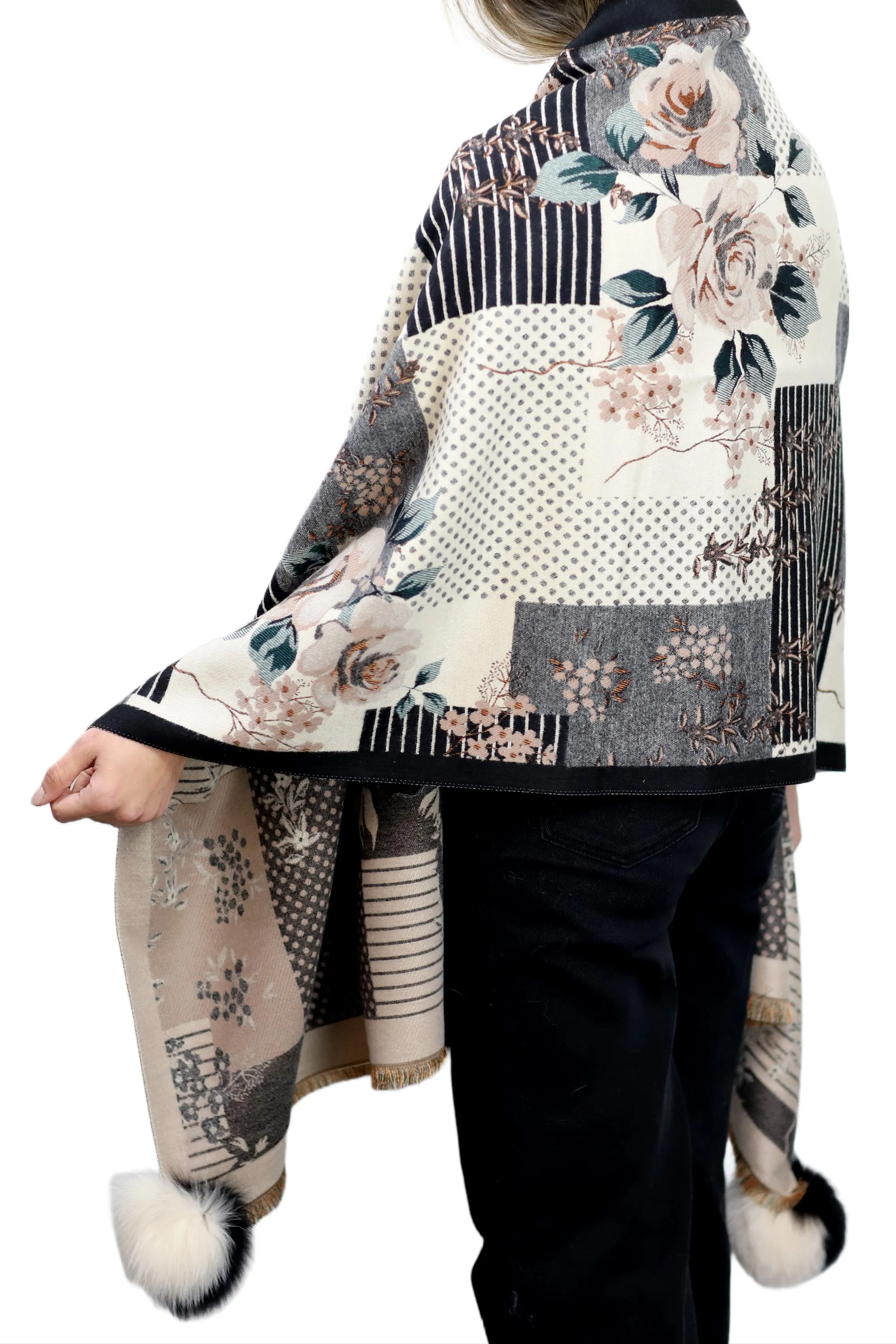 Abstract Floral Print Wrap with Fox Poms - Black & Beige