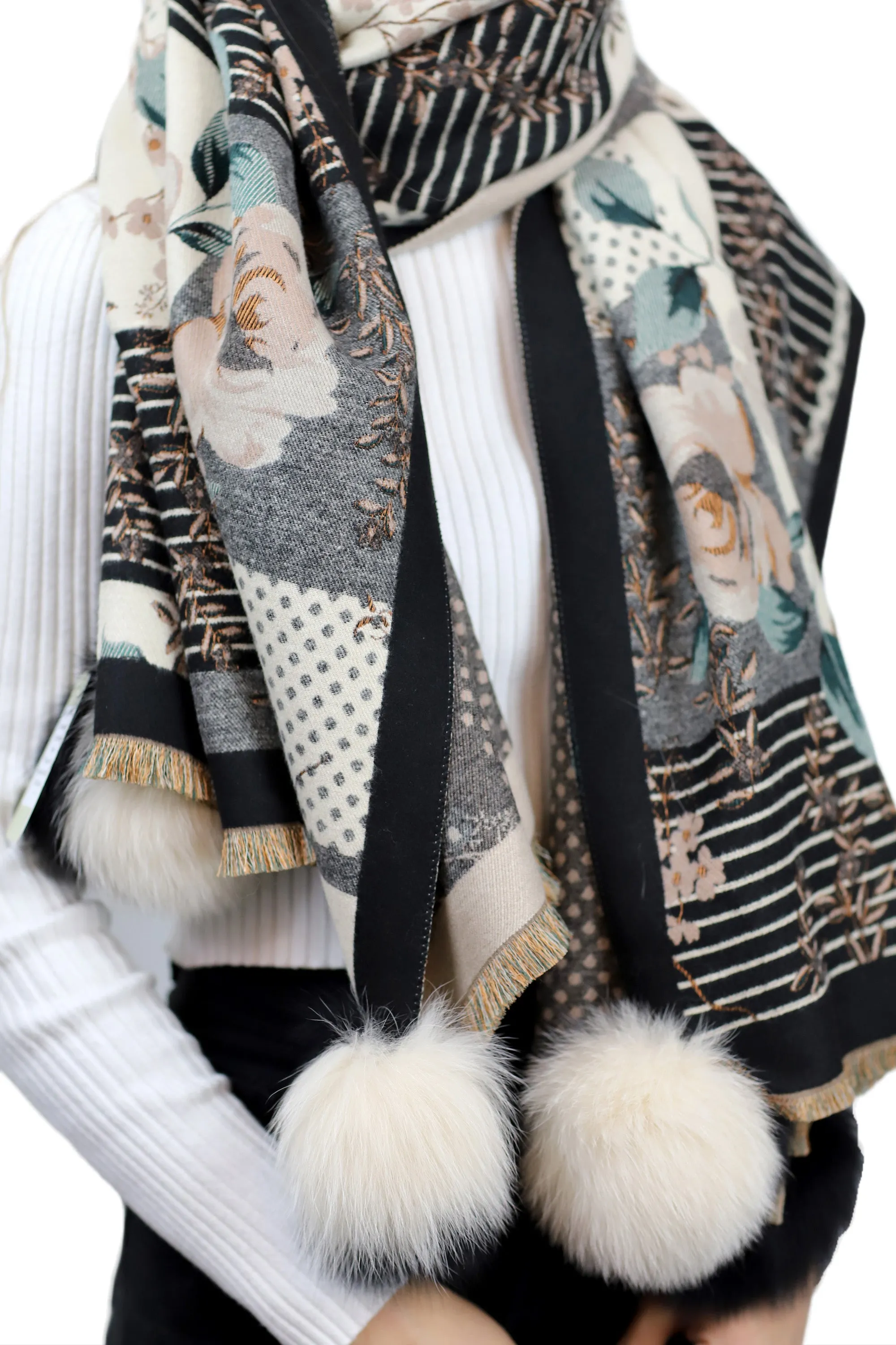 Abstract Floral Print Wrap with Fox Poms - Black & Beige