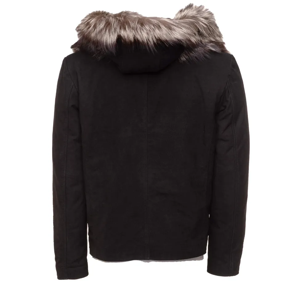 Allen Black Nubuck  Leather jacket with Real Fox Fur on collar and hoodie