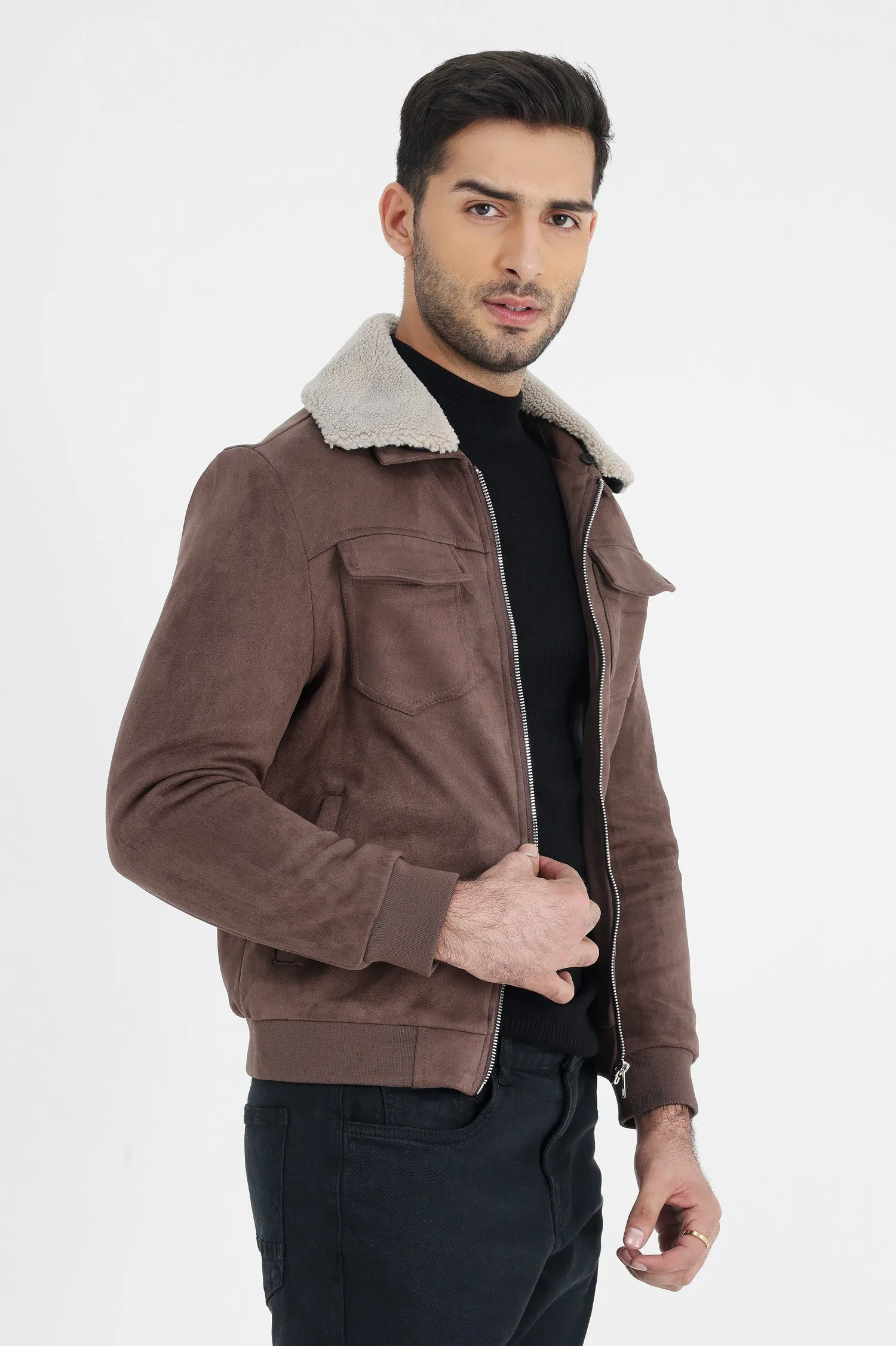 ALMAS URBAN SUEDE JACKET WITH FUR COLLAR-COFFEE