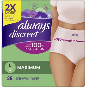 Always Discreet 84798553 Maximum Stock Up Box Underwear, L, 38 Count