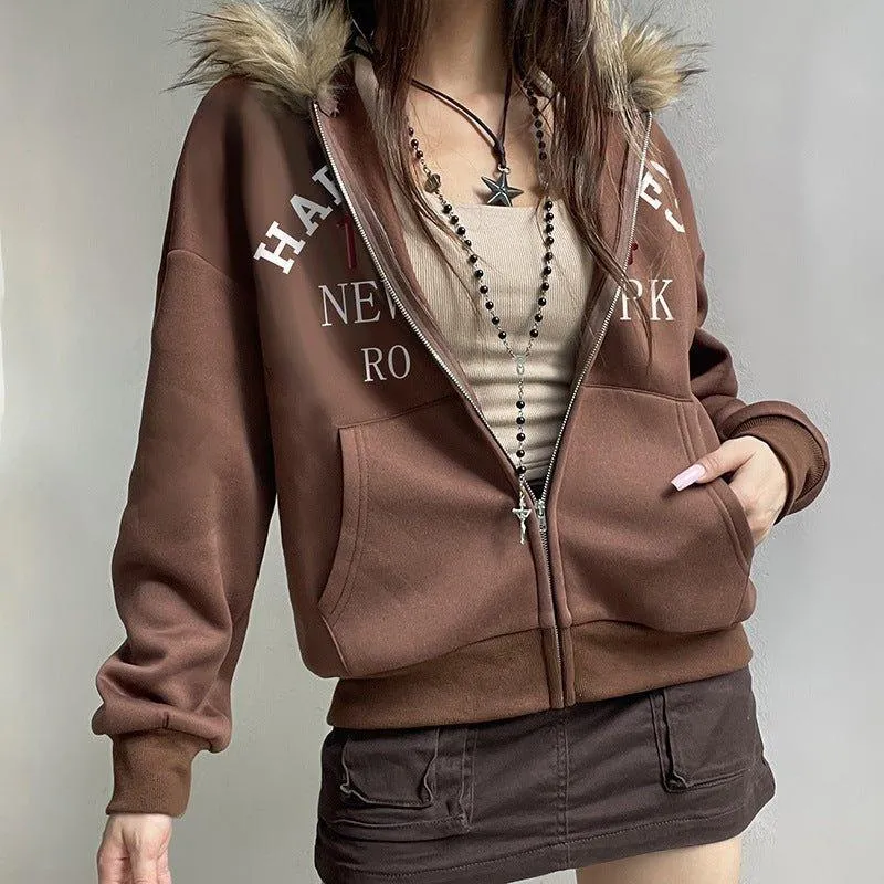 American Retro Fur Collar Hooded Zipper Sweatshirt for Women - Street Hipster Style in Brown