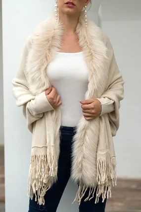 Apricot Fur Collar Fringe Hem Poncho