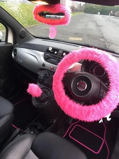 Barbie pink faux fur fuzzy rear view interior car mirror cover