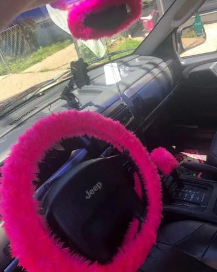 Barbie pink faux fur fuzzy rear view interior car mirror cover