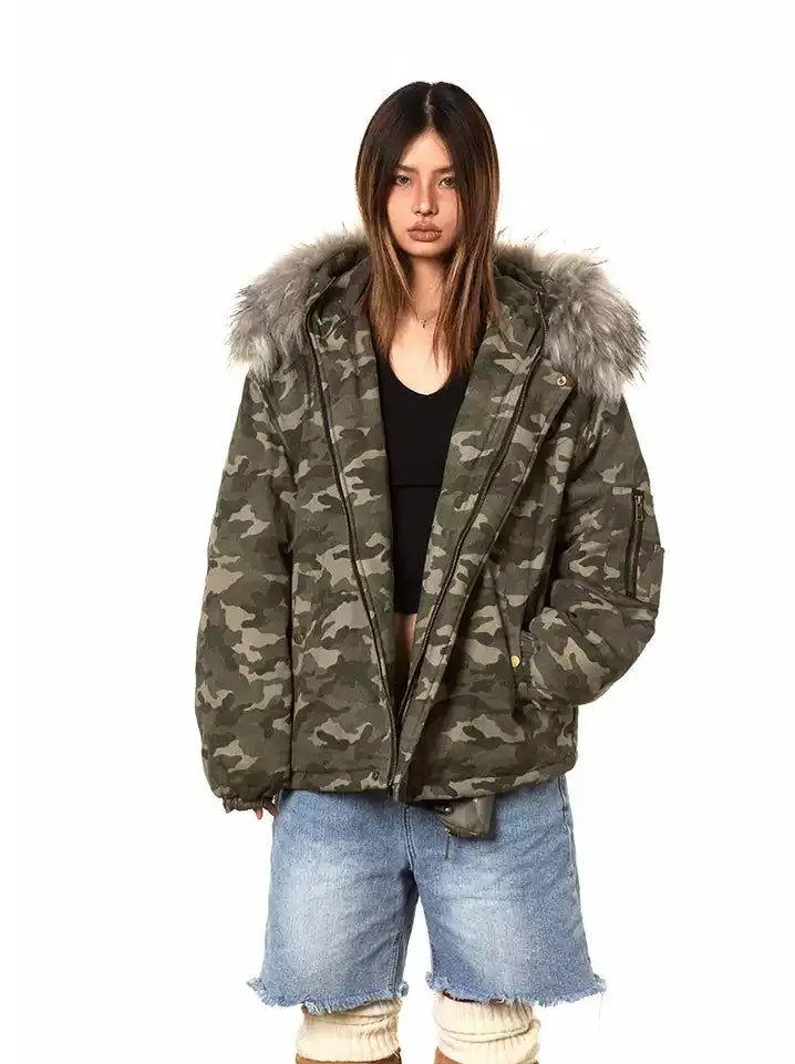 BB Detachable Fur Collar Hooded Camouflage Jacket