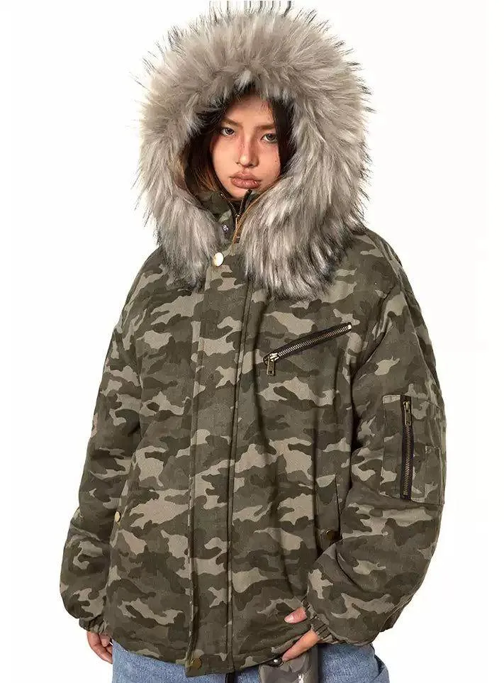 BB Detachable Fur Collar Hooded Camouflage Jacket