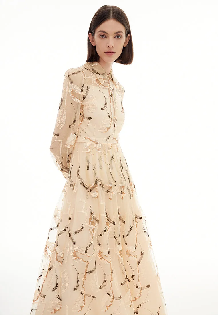 Beige Embroidered Collar Mesh Dress