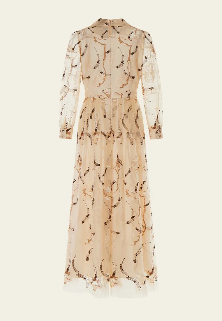 Beige Embroidered Collar Mesh Dress