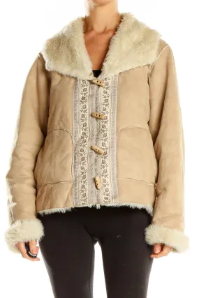 Beige Embroidered Faux Fur Collar Coat