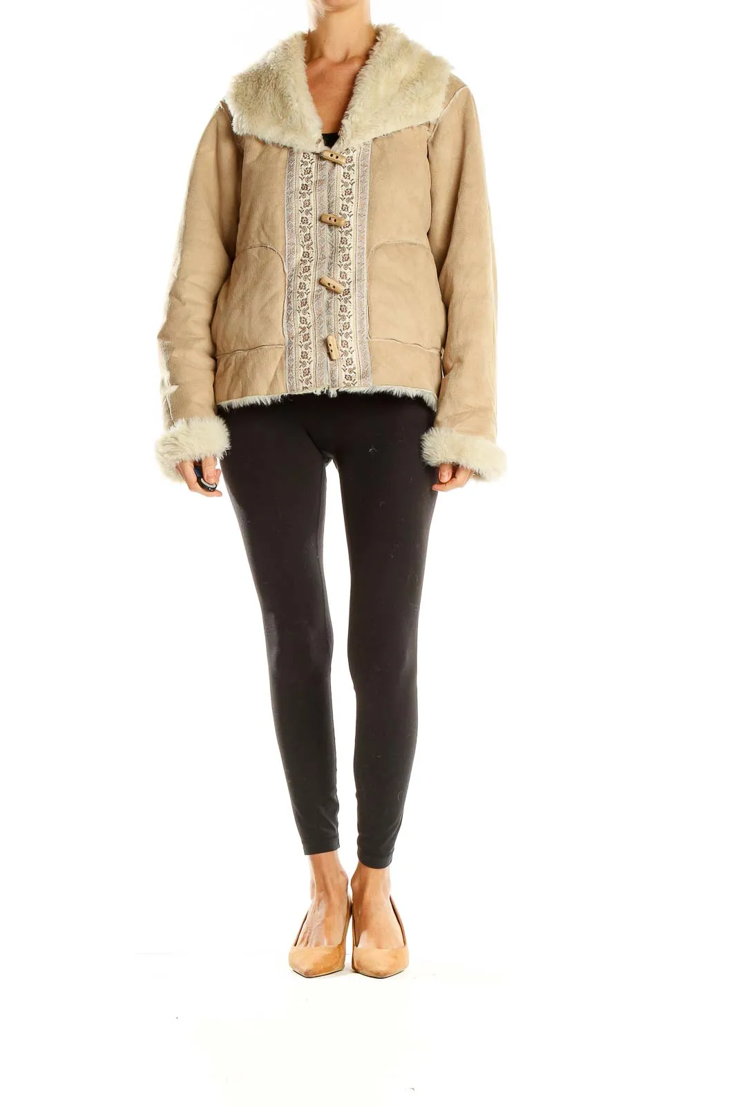 Beige Embroidered Faux Fur Collar Coat