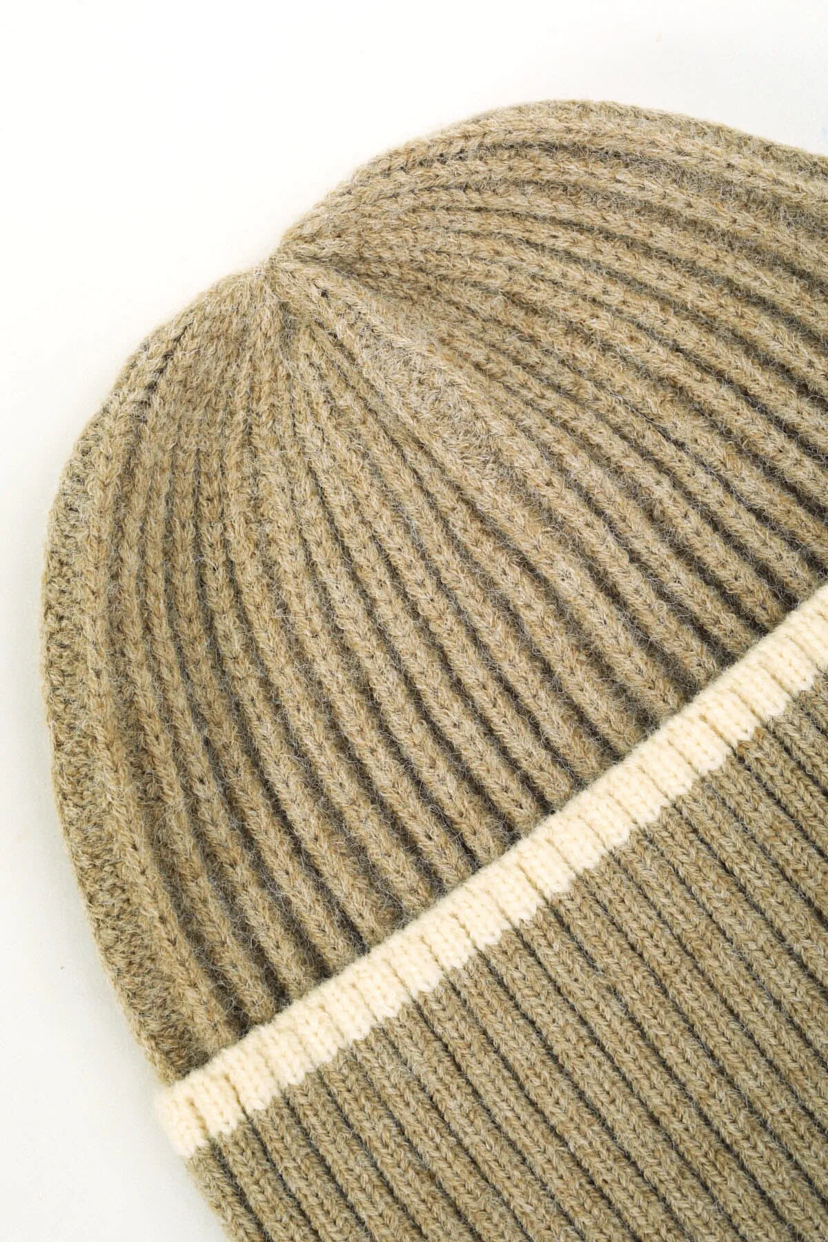 Beige Ribbed Beanie With Stripe Hem