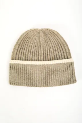 Beige Ribbed Beanie With Stripe Hem