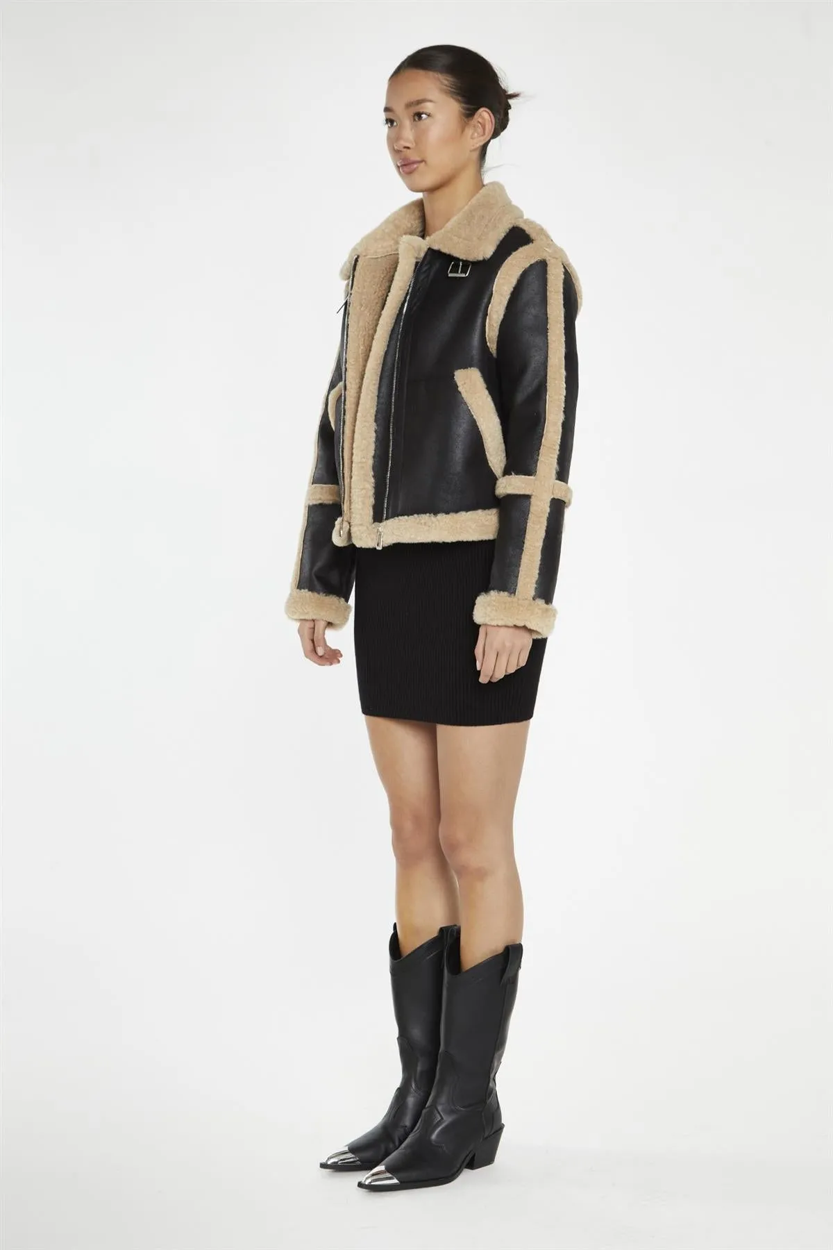 Black-Beige Faux-Fur Trim Jacket