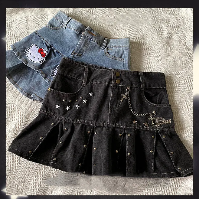 Black Denim Pleated Skirt  KF82861