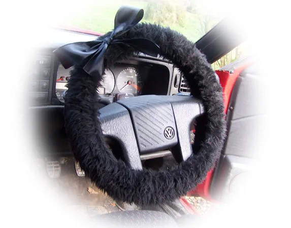 Black fluffy faux fur car steering wheel cover with Black satin Bow