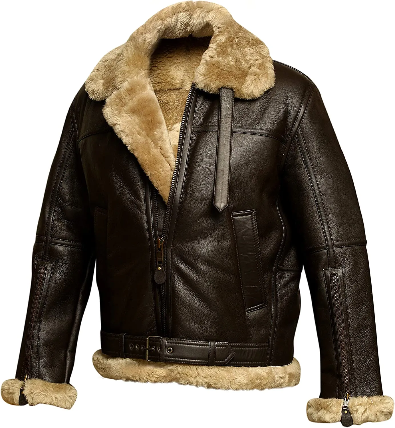 Black Friday Men's RAF B3 Aviator Pilot Bomber Fur Shearling Leather Brown Jacket