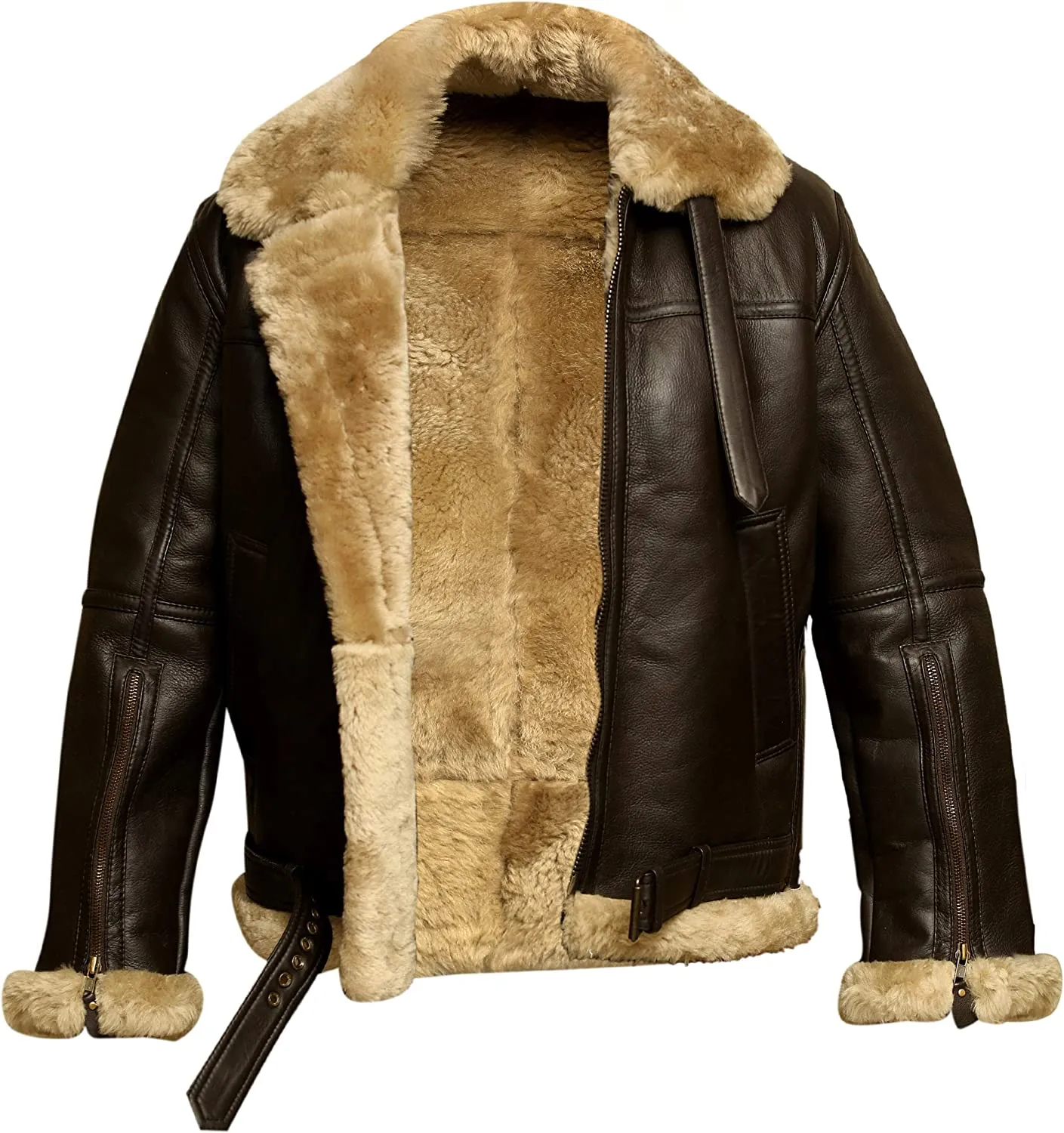 Black Friday Men's RAF B3 Aviator Pilot Bomber Fur Shearling Leather Brown Jacket