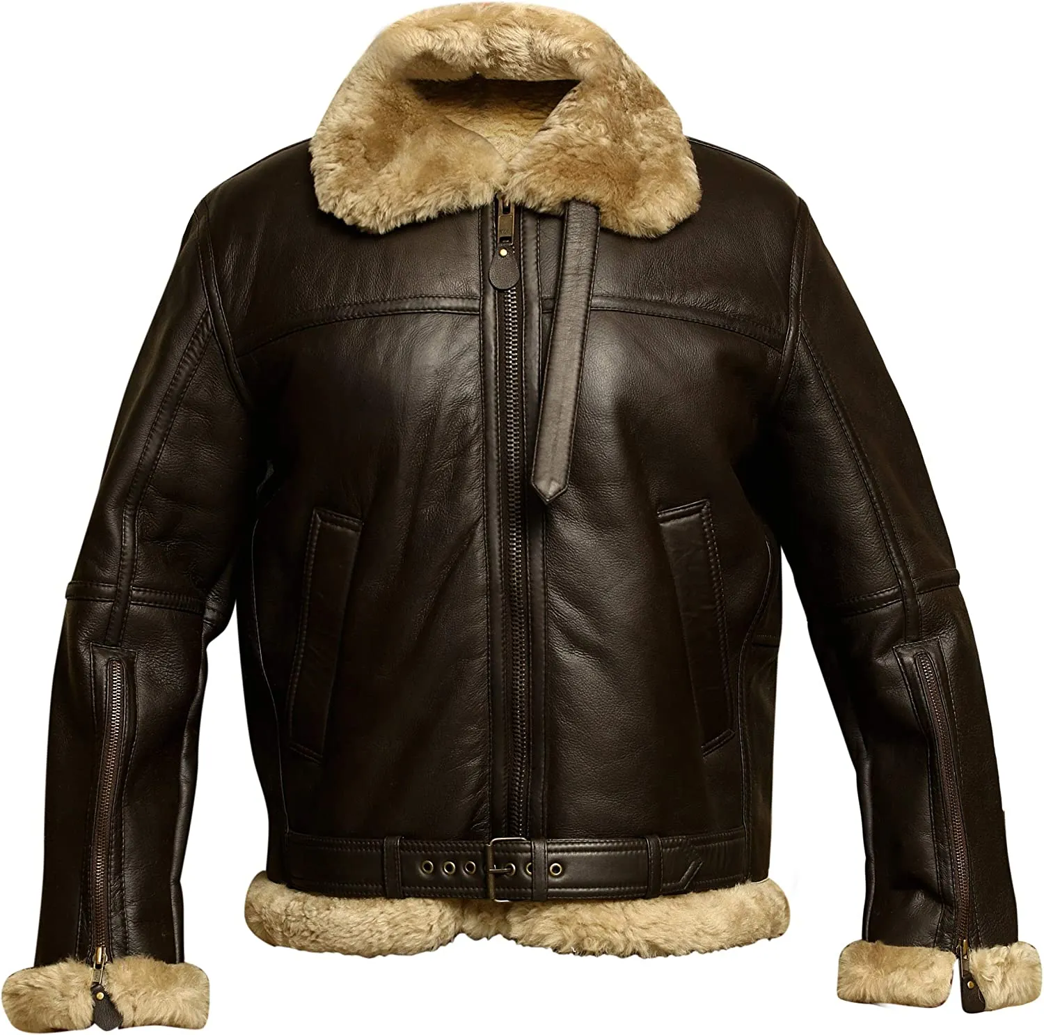 Black Friday Men's RAF B3 Aviator Pilot Bomber Fur Shearling Leather Brown Jacket