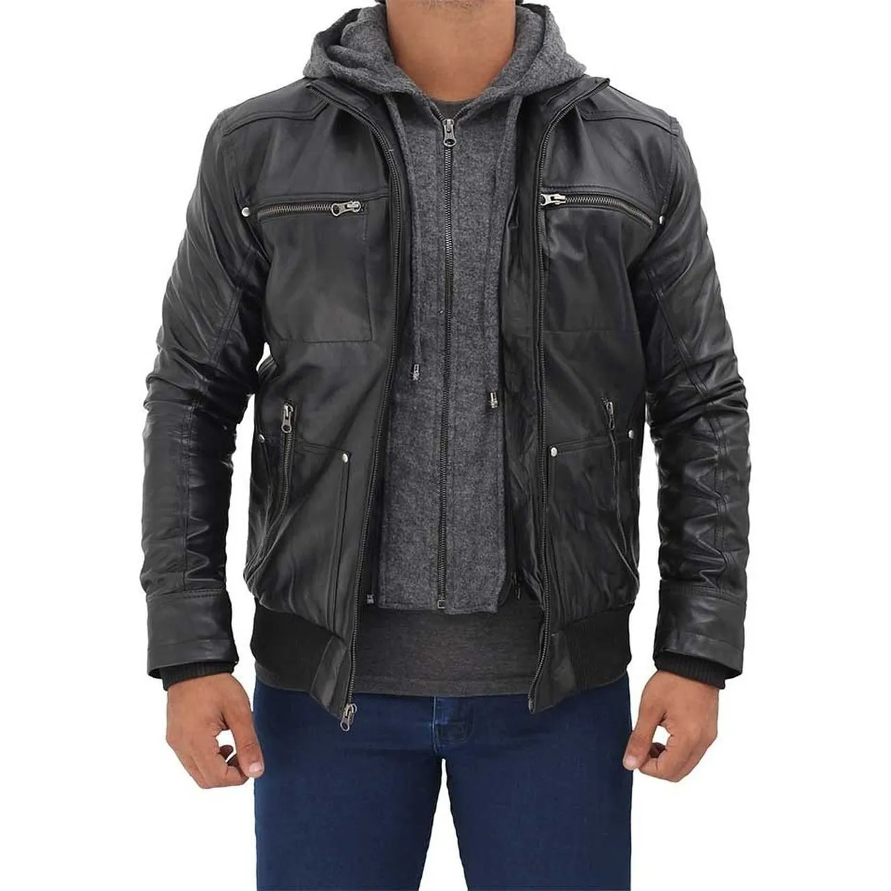 Black Hooded Real Leather Jacket