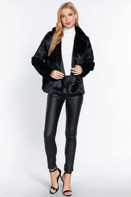 Black Long Slv Notched Collar Open Front Faux Fur Jacket