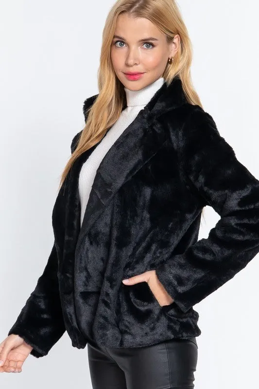 Black Long Slv Notched Collar Open Front Faux Fur Jacket