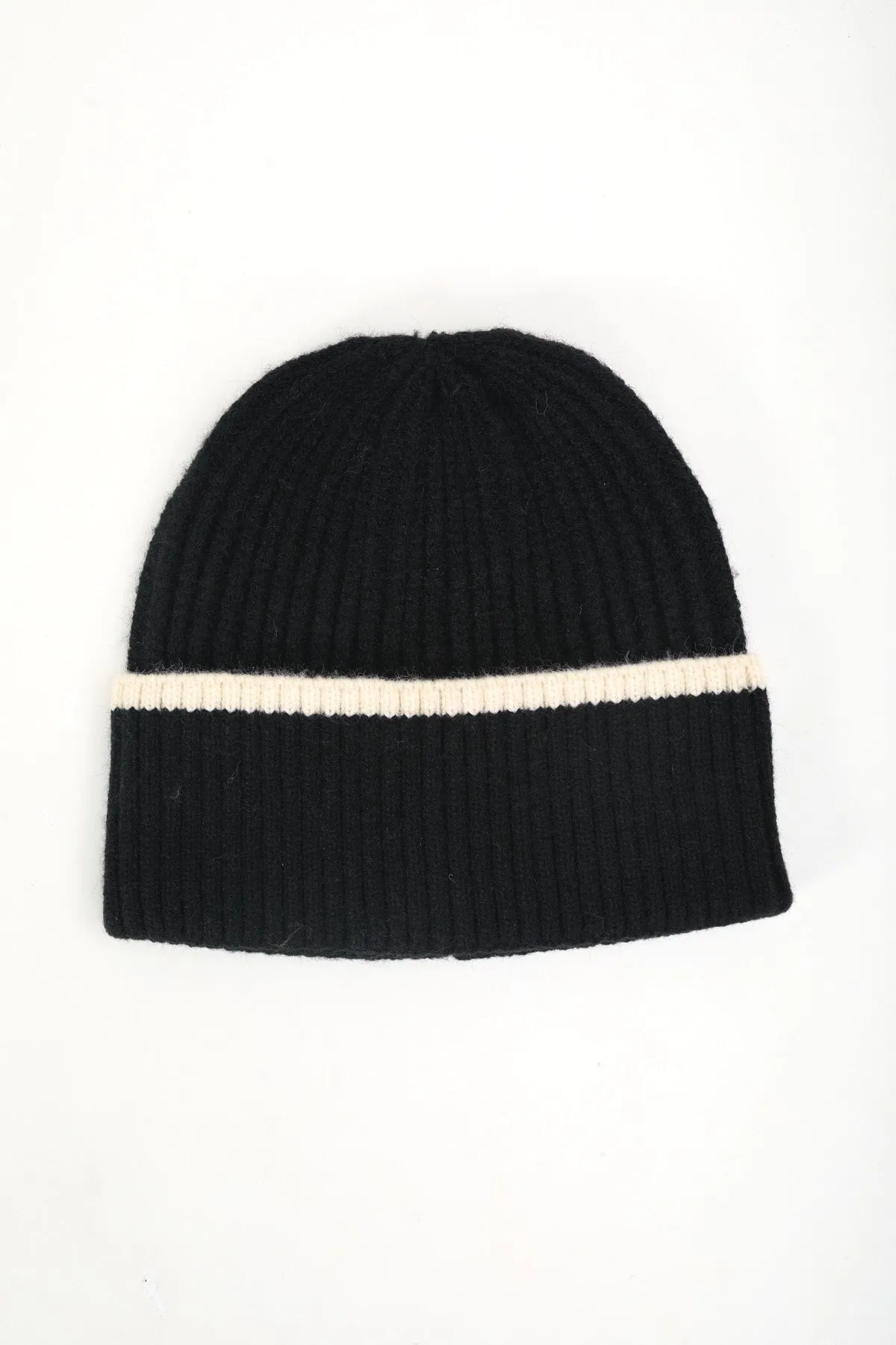 Black Ribbed Beanie With Stripe Hem