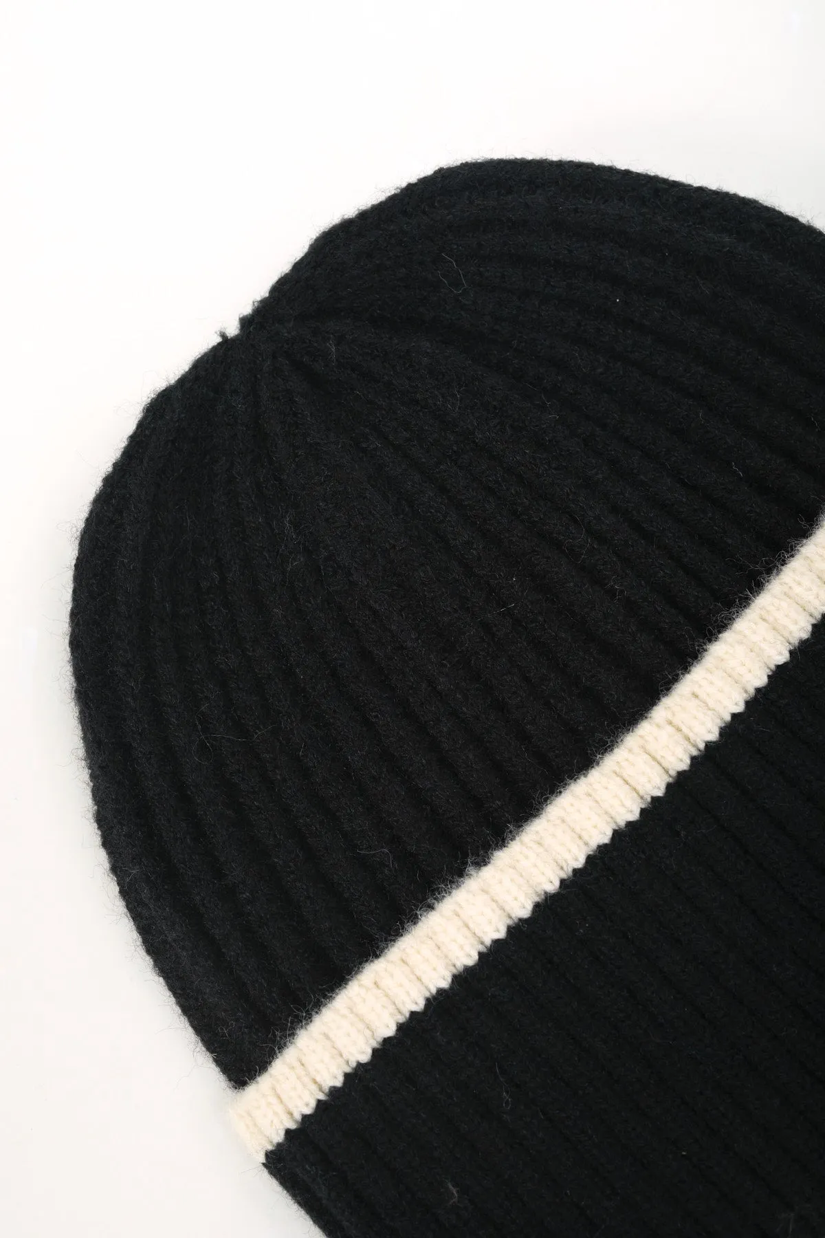 Black Ribbed Beanie With Stripe Hem