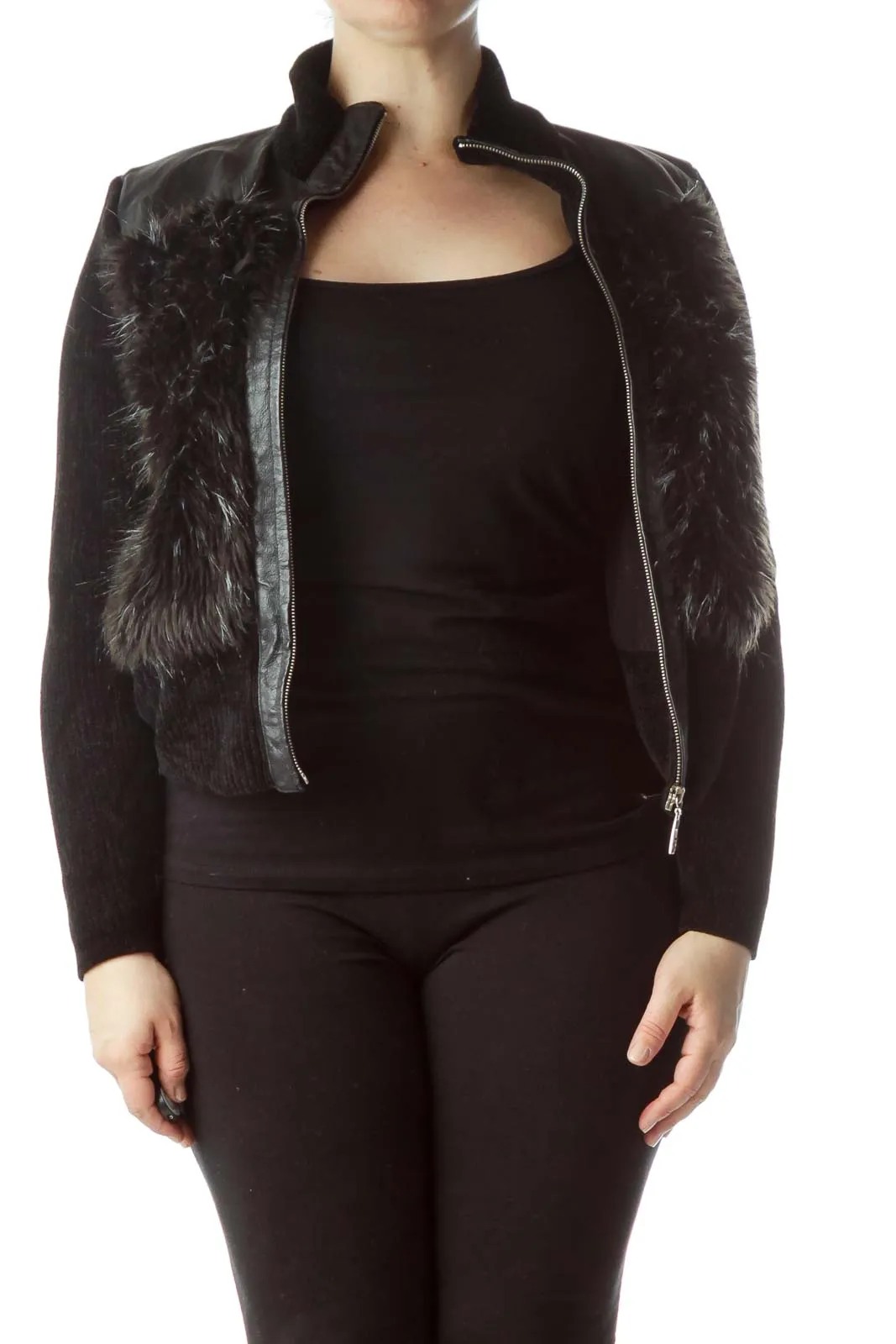 Black Zippered Leather and Faux-Fur Jacket