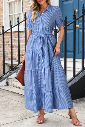 Blue Striped Button Front Belted Shirt Collar Maxi Dress