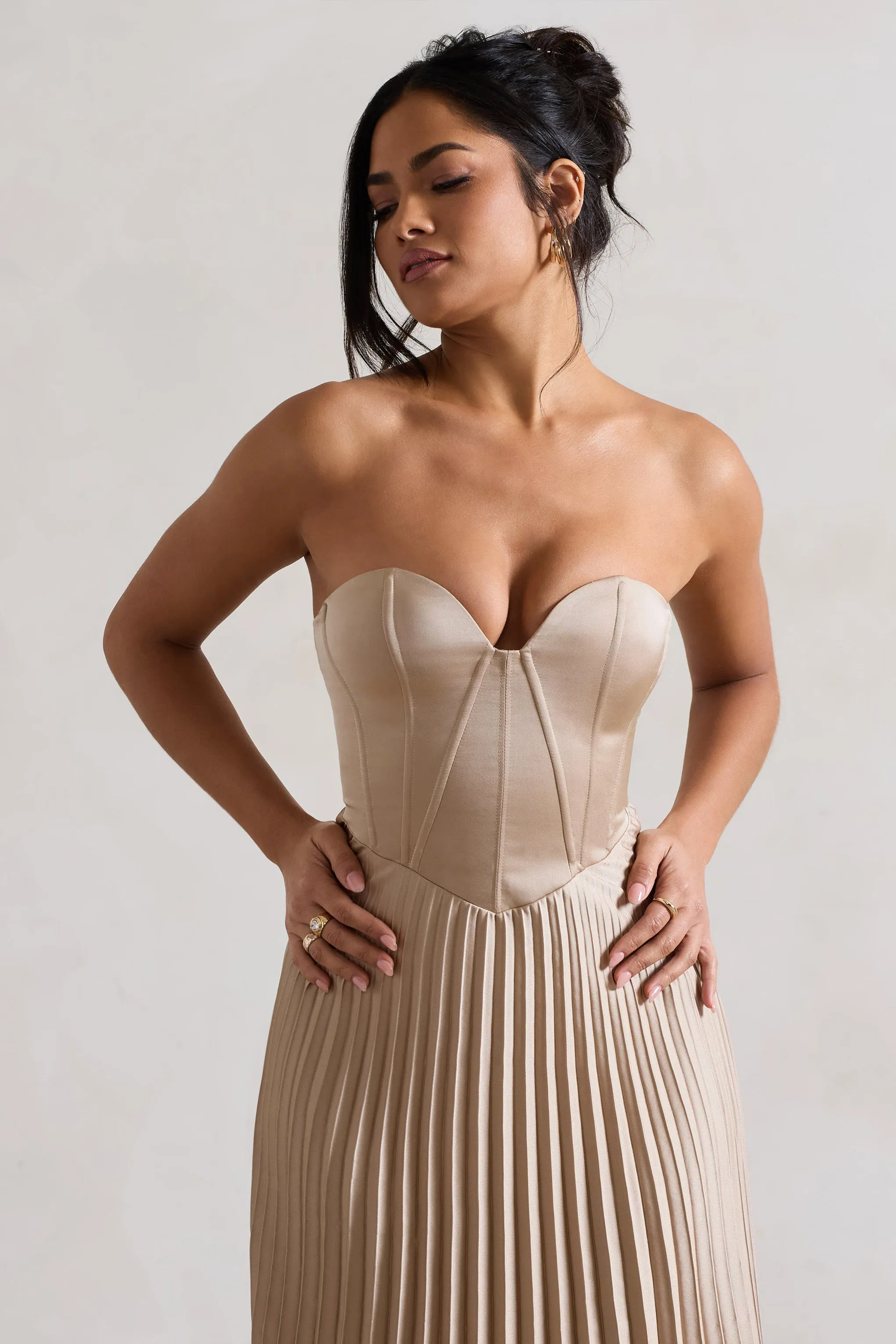 Bordeaux | Champagne Satin Corset Style Midi Dress