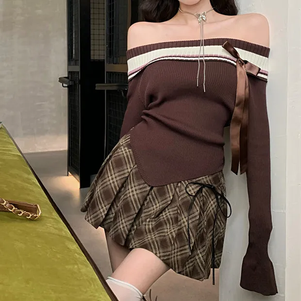 Bow Sweater Off Shoulder Knitted Top Plaid Pleated Skirt