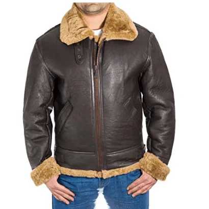 Brown Aviator Faux Fur Leather Jacket for Men