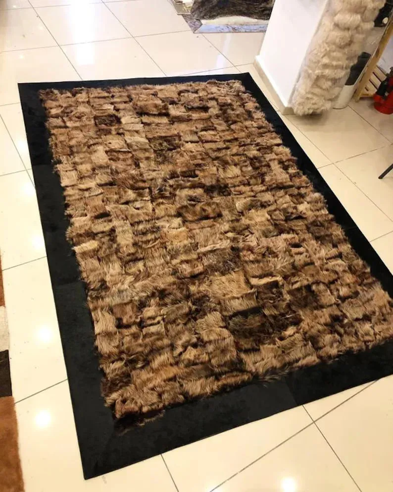 Brown Fluffy Natural Sheepskin Rug with Black Border, Handmade Fur Carpet