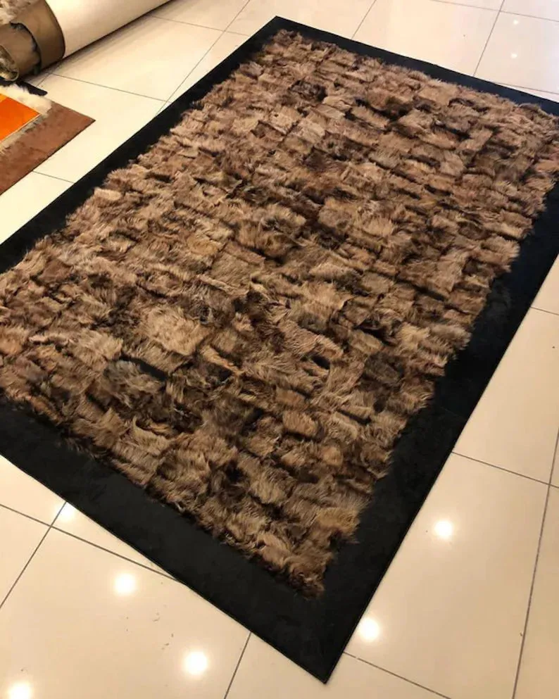 Brown Fluffy Natural Sheepskin Rug with Black Border, Handmade Fur Carpet