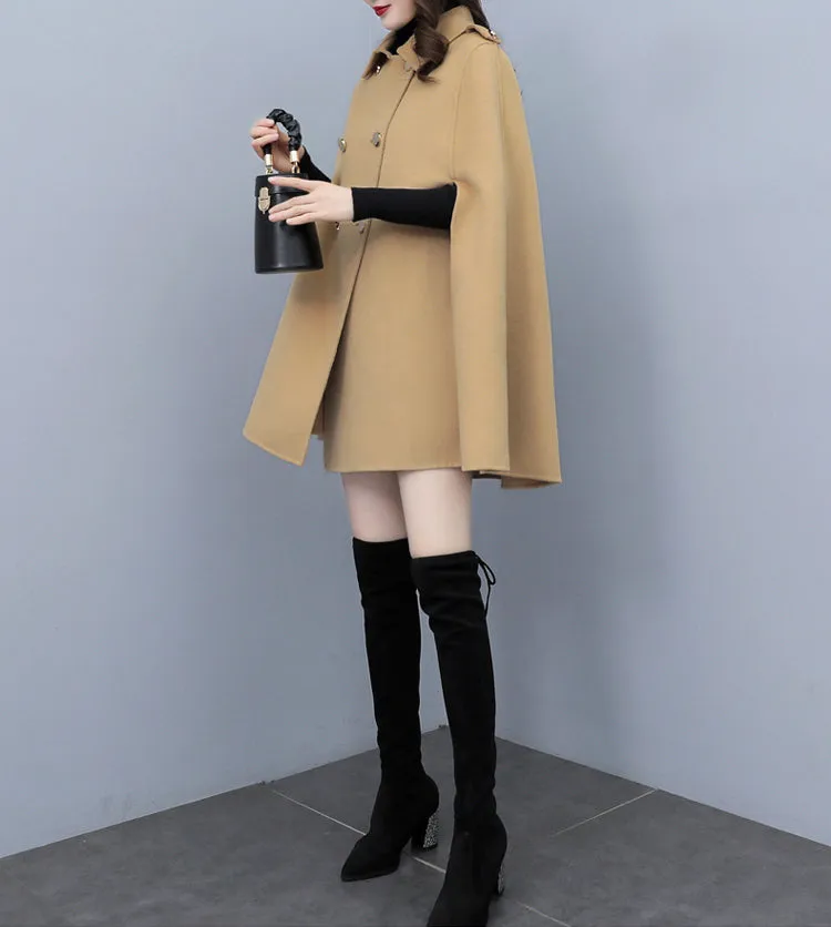 Cape coat Women, wool poncho jacket, wool cloak coat, wool shawl winter coat, double breasted buttoned coat(Y1105)