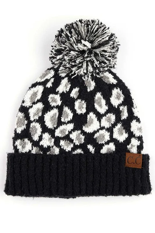 CC Leopard Knit Pom Pom Beanie