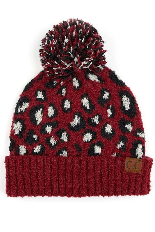 CC Leopard Knit Pom Pom Beanie