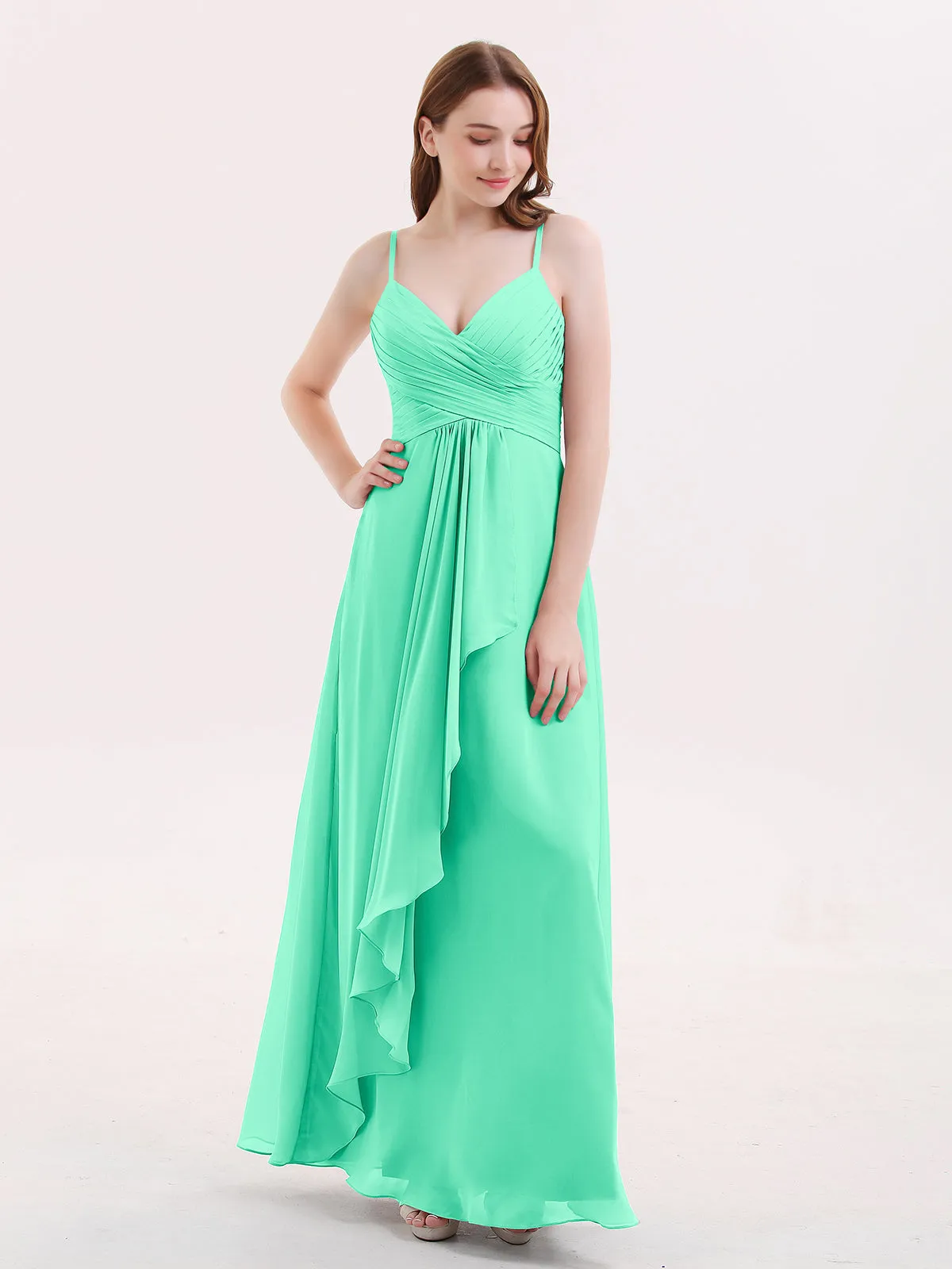 Chiffon Bridesmaid Dresses with Cascade Skirt-Turquoise