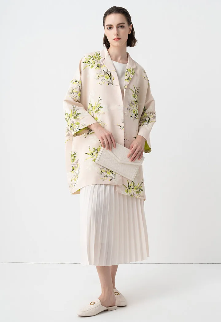 Choice Floral Printed Embellished Crystal Midi Coat Cream