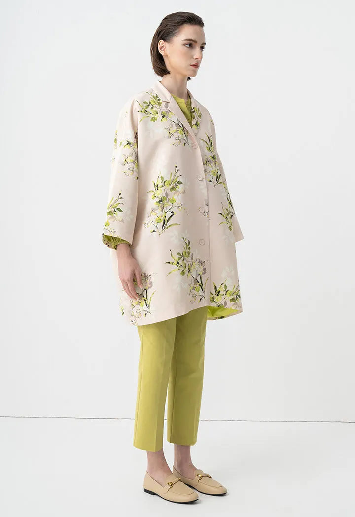 Choice Floral Printed Embellished Crystal Midi Coat Cream