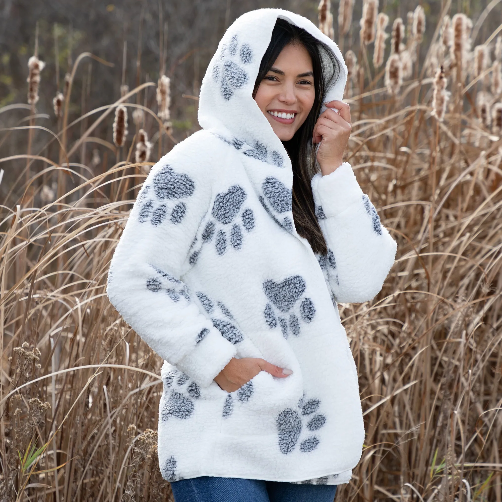 Cozy in Paws  Plush  Sherpa Fleece Open Jacket with Pockets