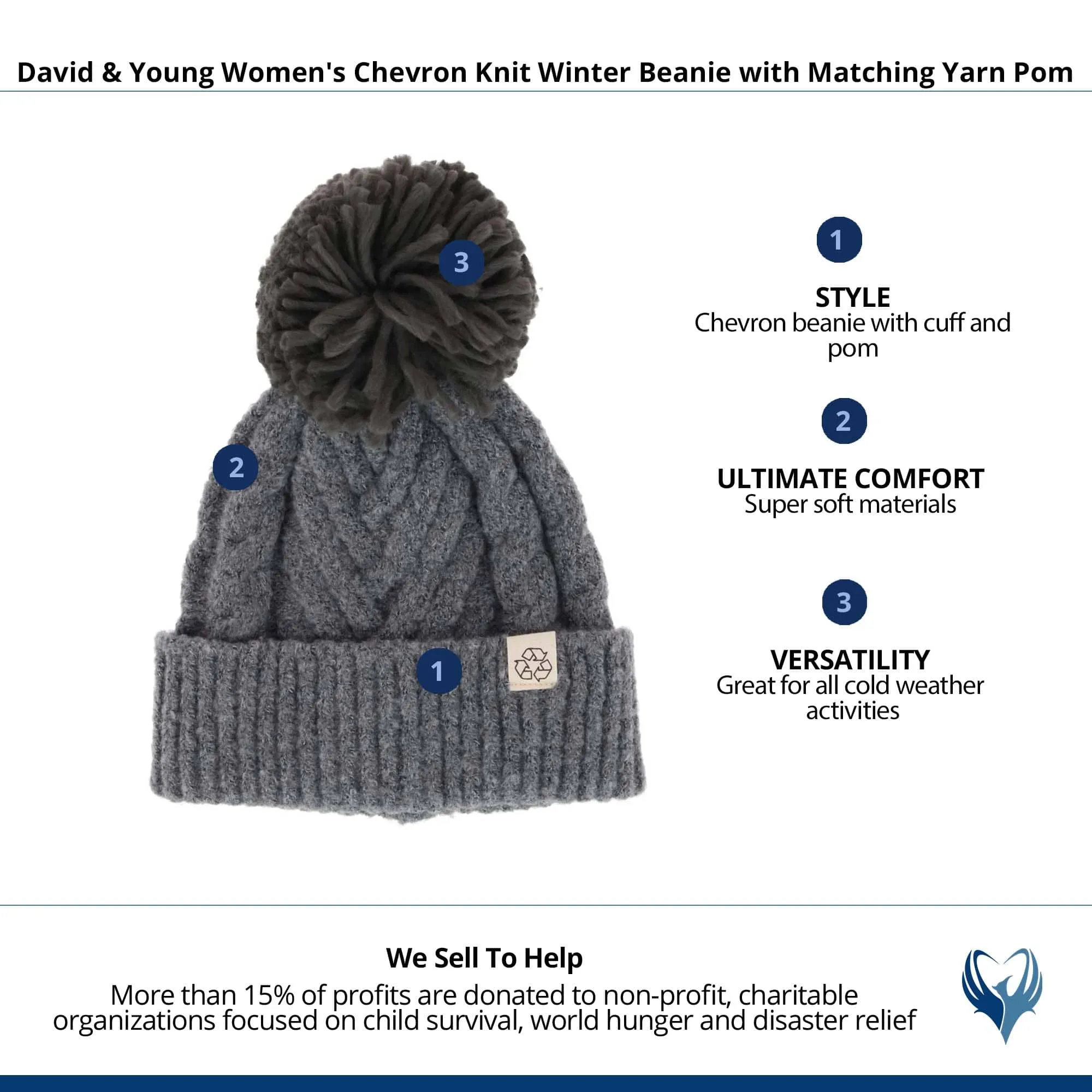 David & Young Women's Chevron Knit Winter Beanie with Matching Yarn Pom