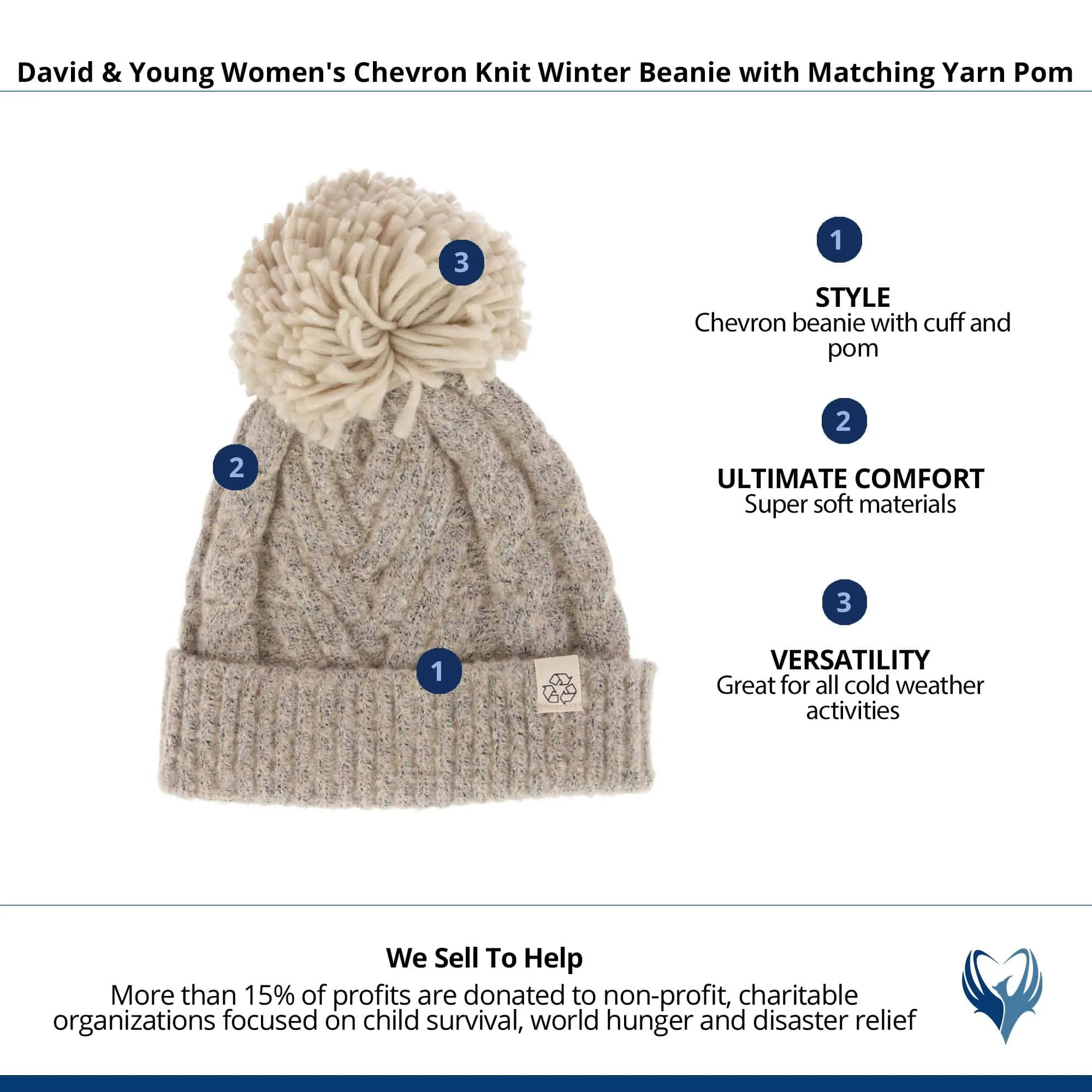 David & Young Women's Chevron Knit Winter Beanie with Matching Yarn Pom