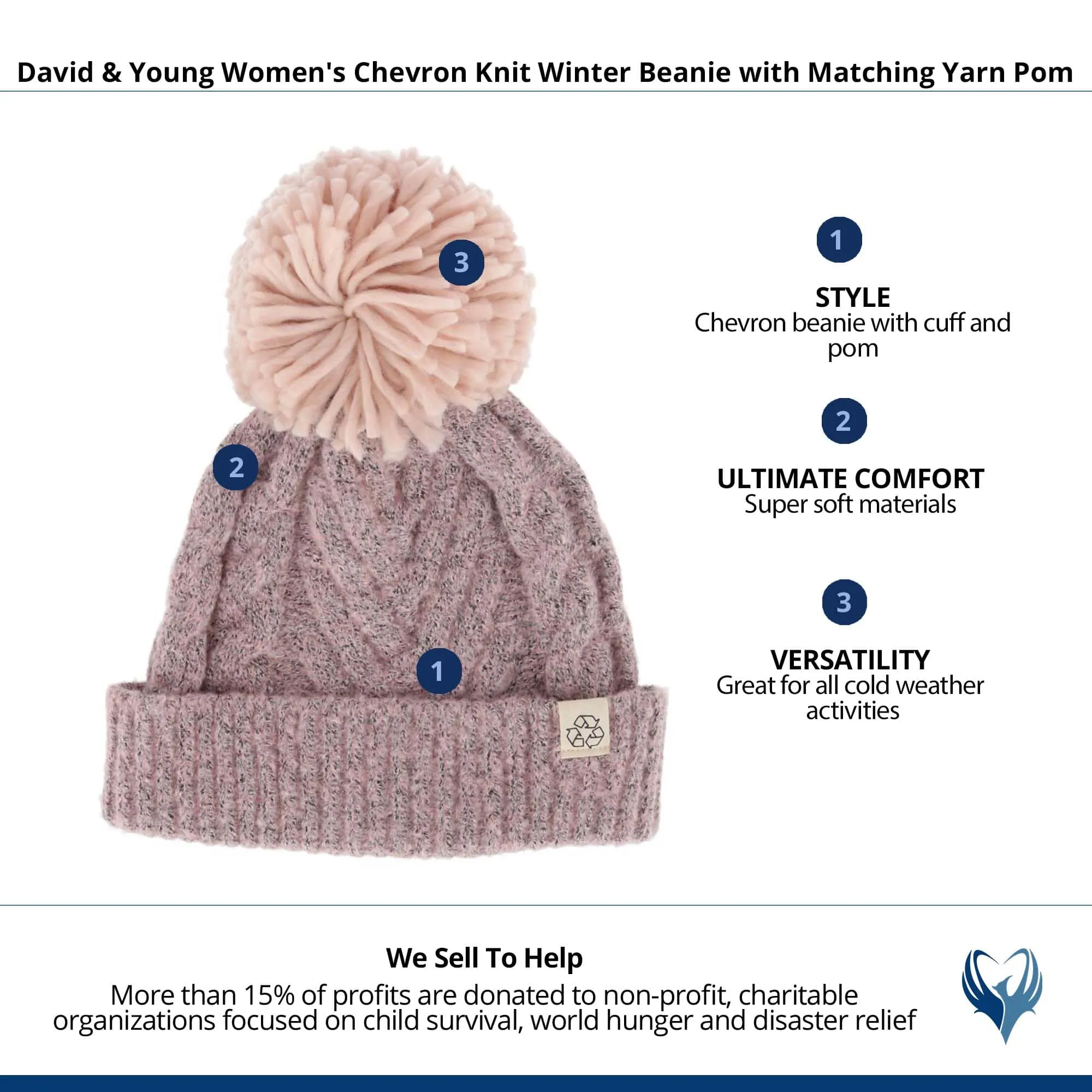 David & Young Women's Chevron Knit Winter Beanie with Matching Yarn Pom