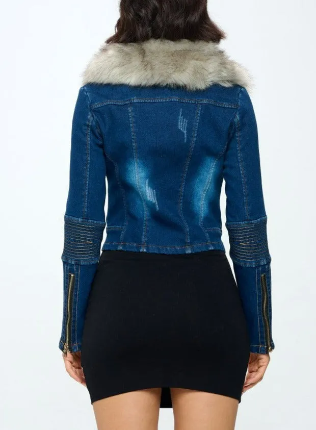 Denim Jacket with Faux Fur Collar (SIZE UP ONE)