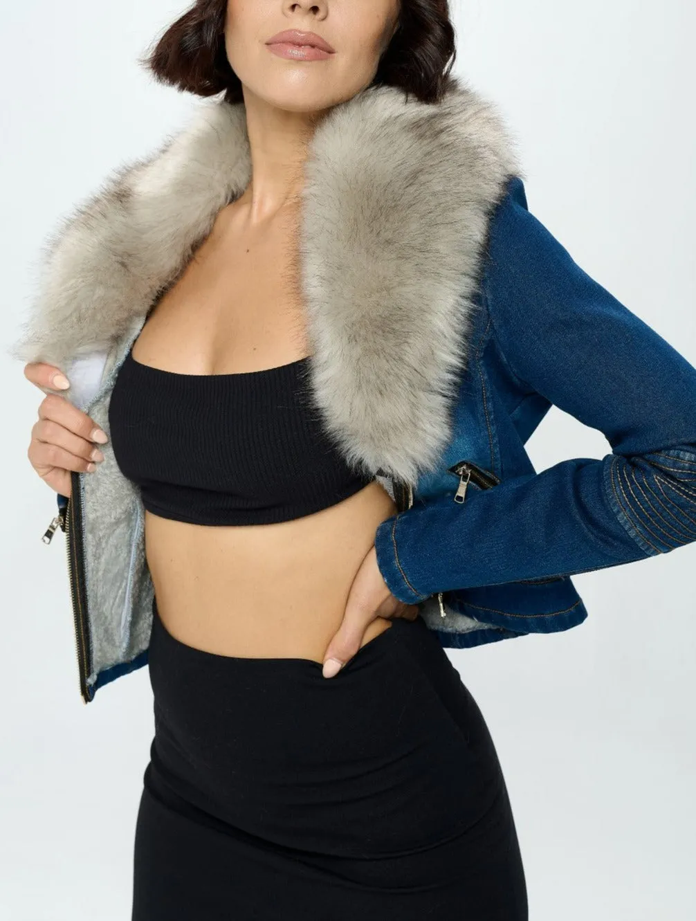 Denim Jacket with Faux Fur Collar (SIZE UP ONE)